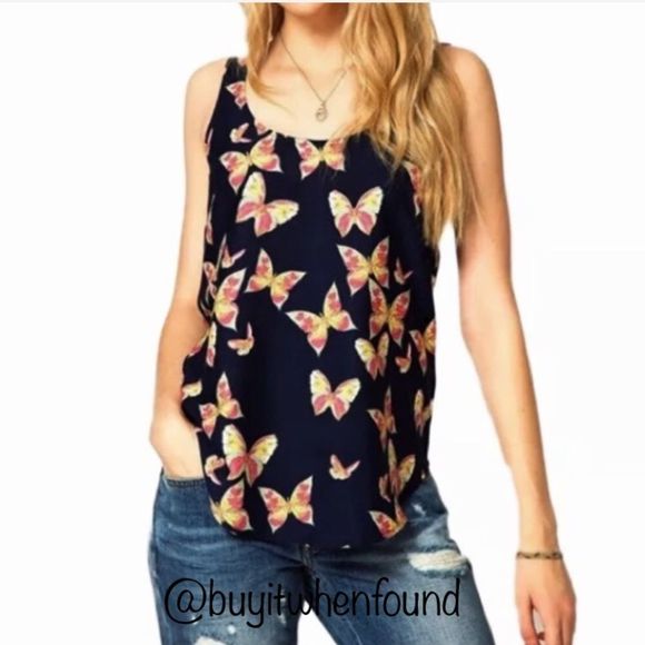 Sleeveless Navy Blue Butterfly Print Chiffon Top M-XL - Picture 2 of 8